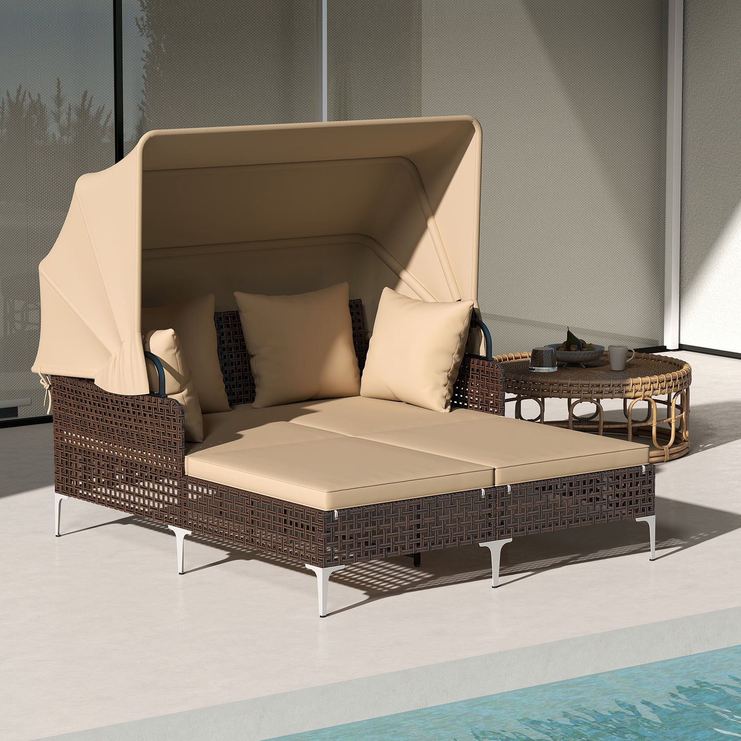 Outdoor Daybed with Retractable Canopy - PE Wicker Rattan