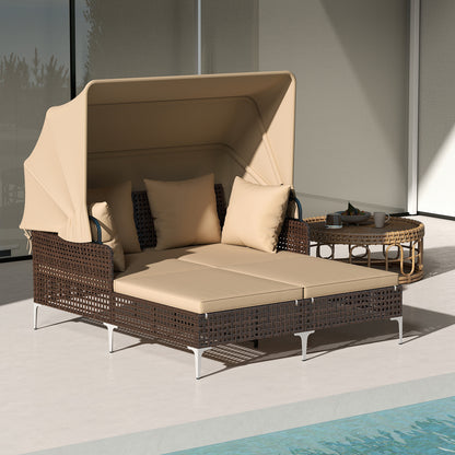 Outdoor Daybed with Retractable Canopy - PE Wicker Rattan