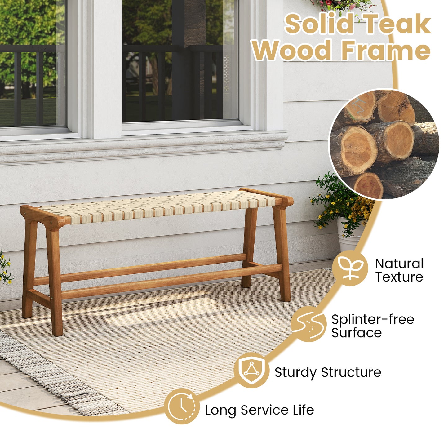 Teak Wood Patio Bench 47" with Woven Seat