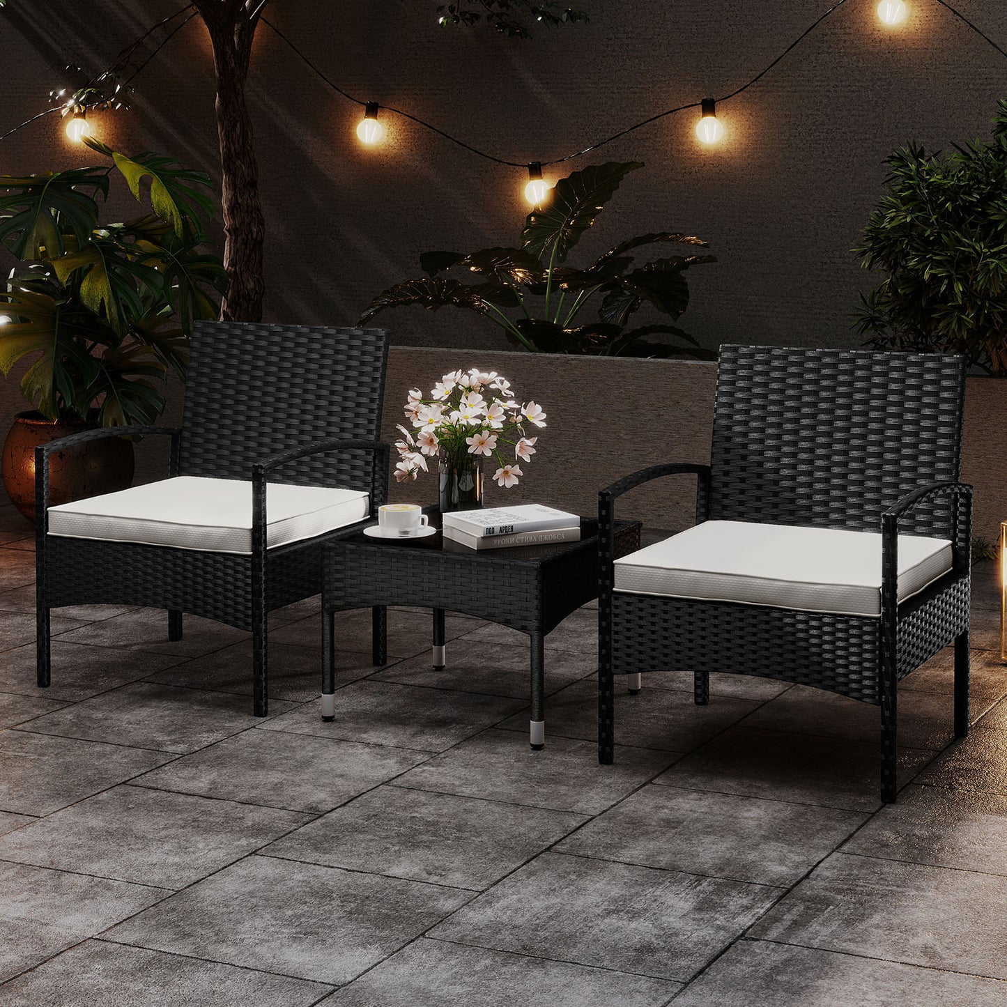 3-Piece Patio Conversation Set with Rattan Bistro Chairs & Table