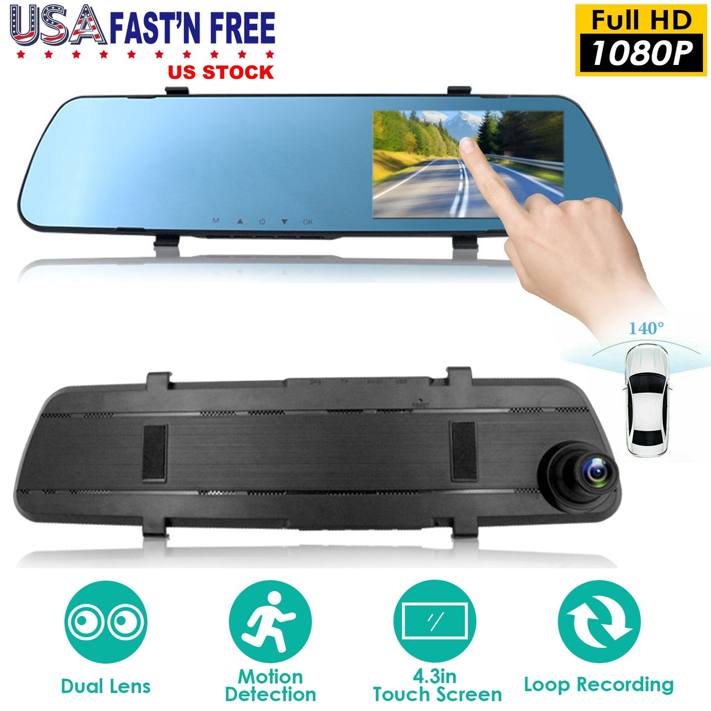 Dual Dash Cam 1080P Front & Rear with 4.3" Touch Screen