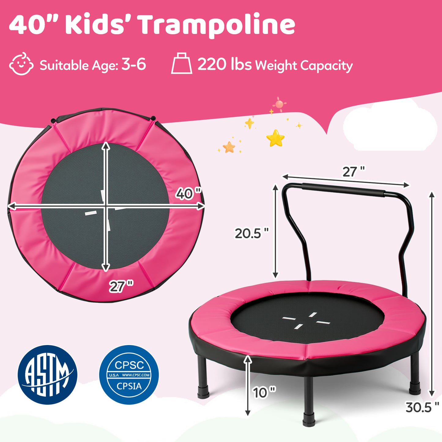40-Inch Kids Trampoline with Adjustable Handlebar