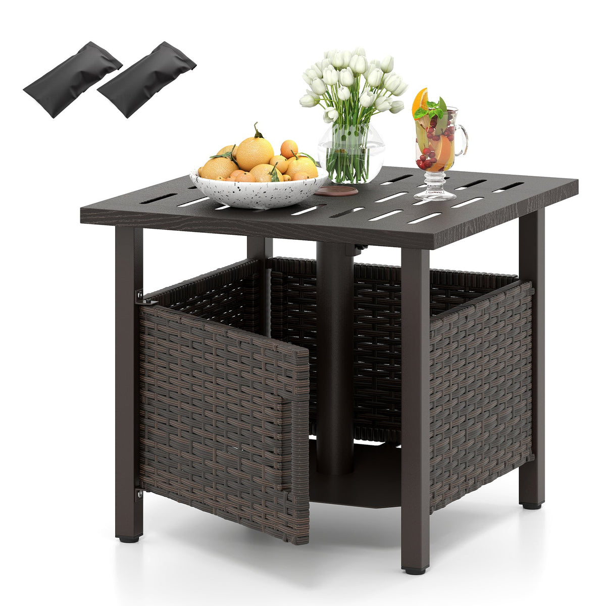 Outdoor Side Table with 1.93" Umbrella Hole All-Weather PE Wicker Patio Umbrella Table-Brown