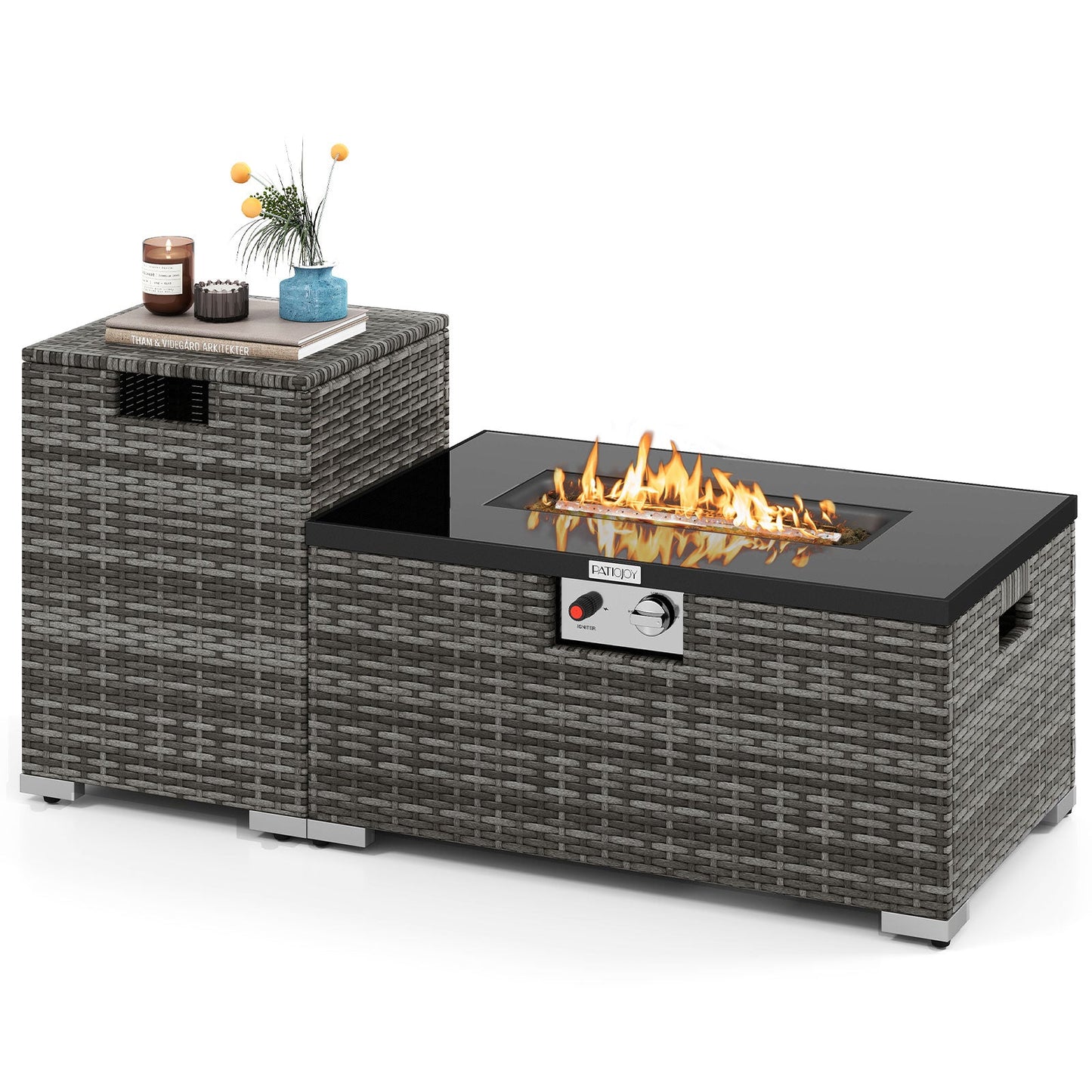 2-Piece Outdoor Rattan Fire Table Set 32 Inch Rectangle Gas Firepit with Tank Cover