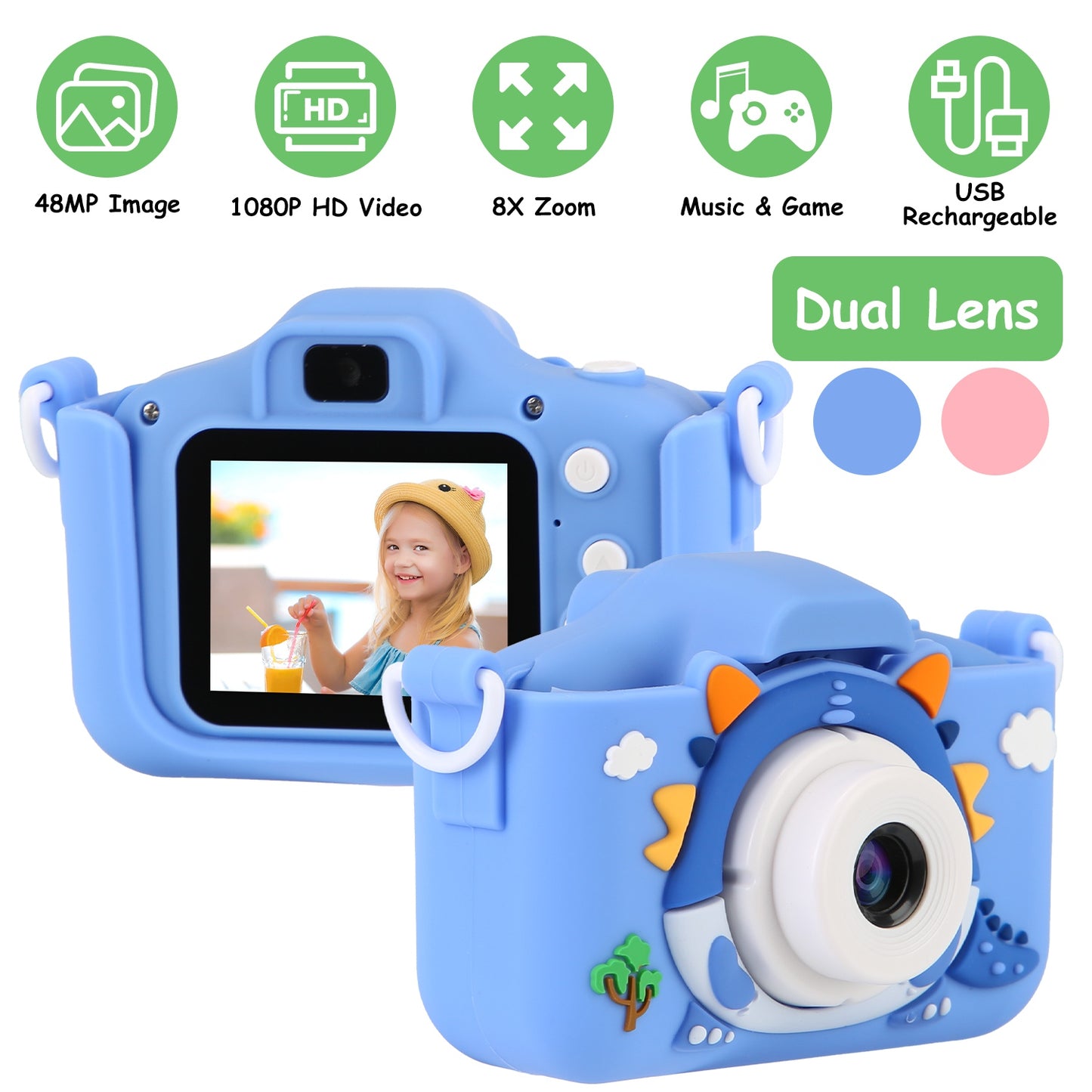 Kids Selfie Camera 48MP 1080P HD with Dinosaur Case