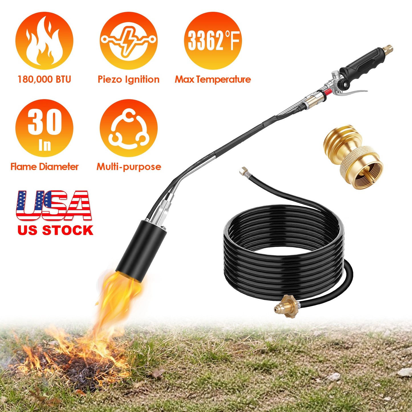 180,000 BTU Propane Weed Torch with 10FT Hose & Piezo Ignition