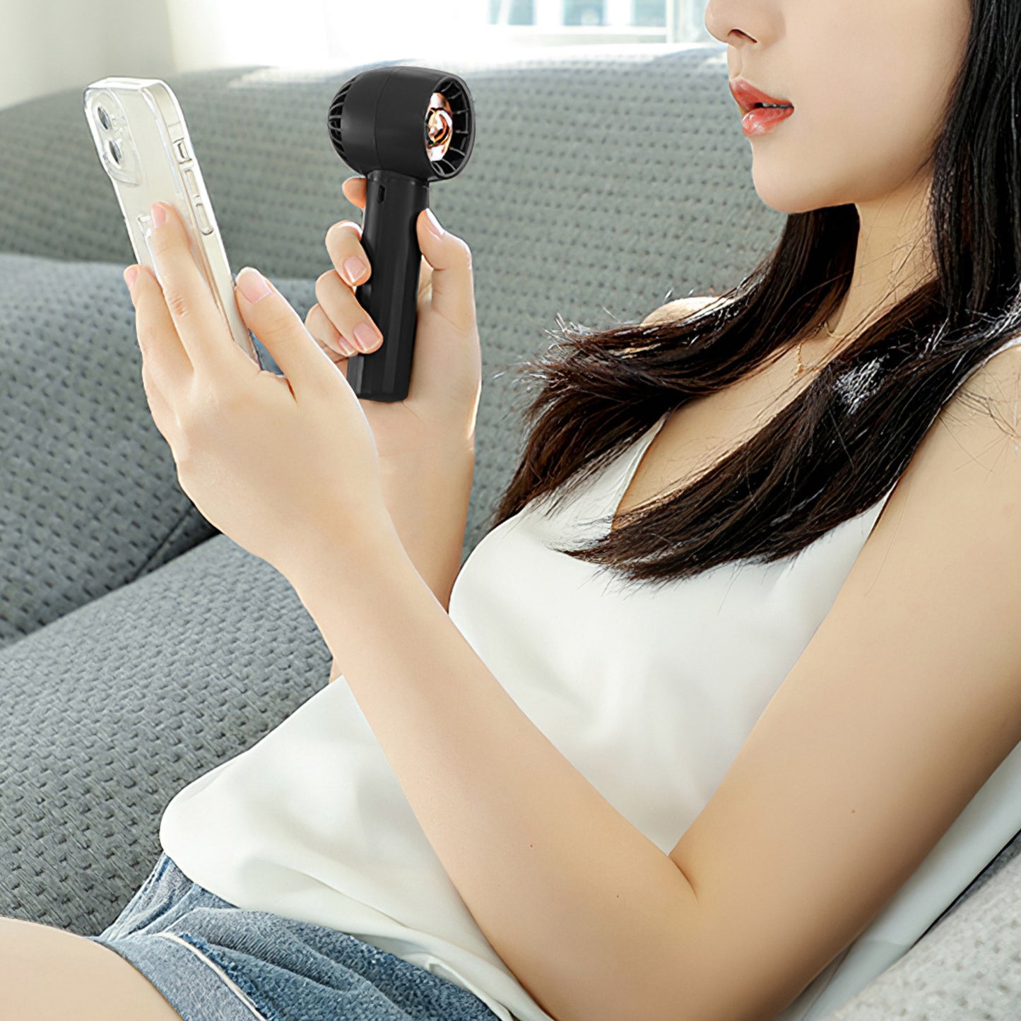 Rechargeable Handheld Fan with 3 Speeds & Phone Holder Base