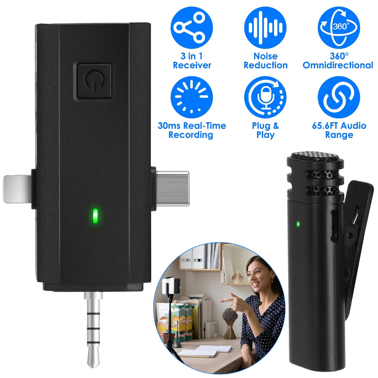 Wireless Clip-On Microphone with 3-in-1 Receiver