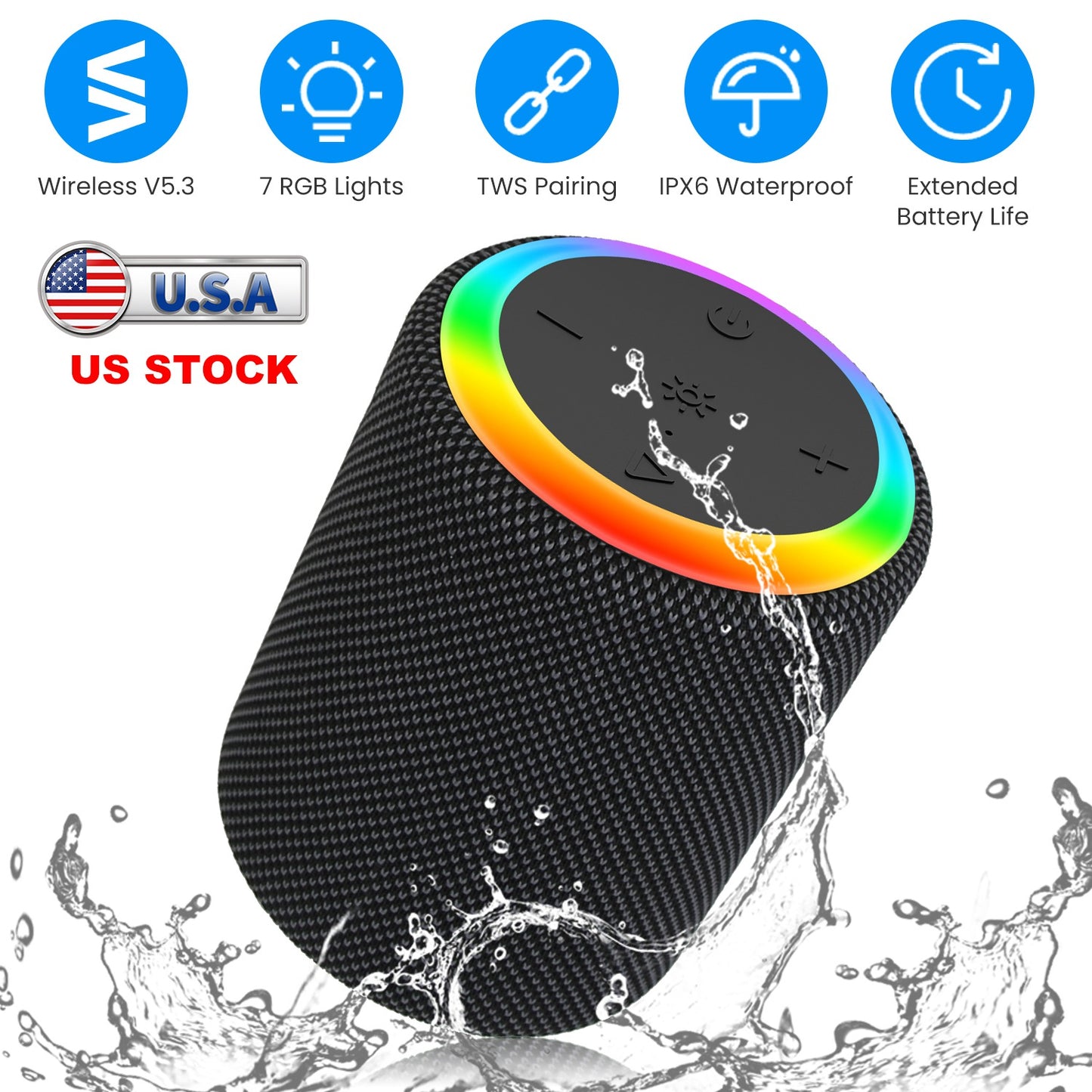 Portable Wireless Speaker with RGB Lights & IPX6 Waterproof