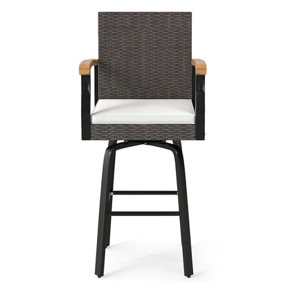 Set of 2 Outdoor 360¬∞ Swivel Bar Stool with Cushion and Acacia Wood Armrests