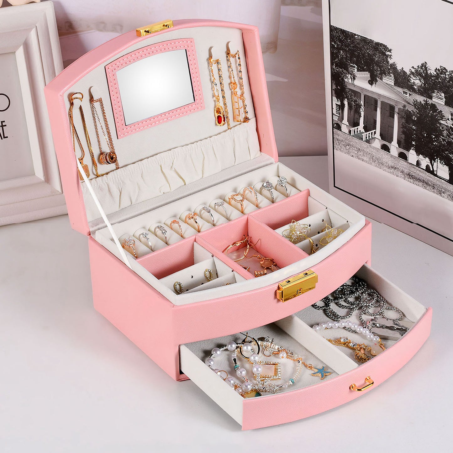 2-Layer Lockable Jewelry Box with Travel Handle & Mirror