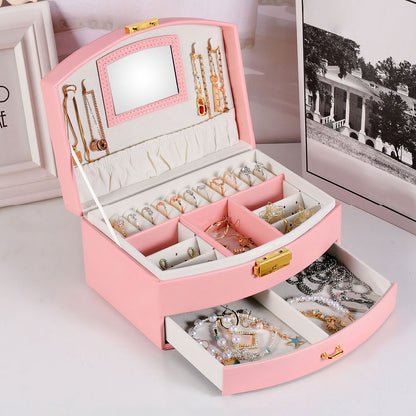2-Layer Lockable Jewelry Box with Travel Handle & Mirror