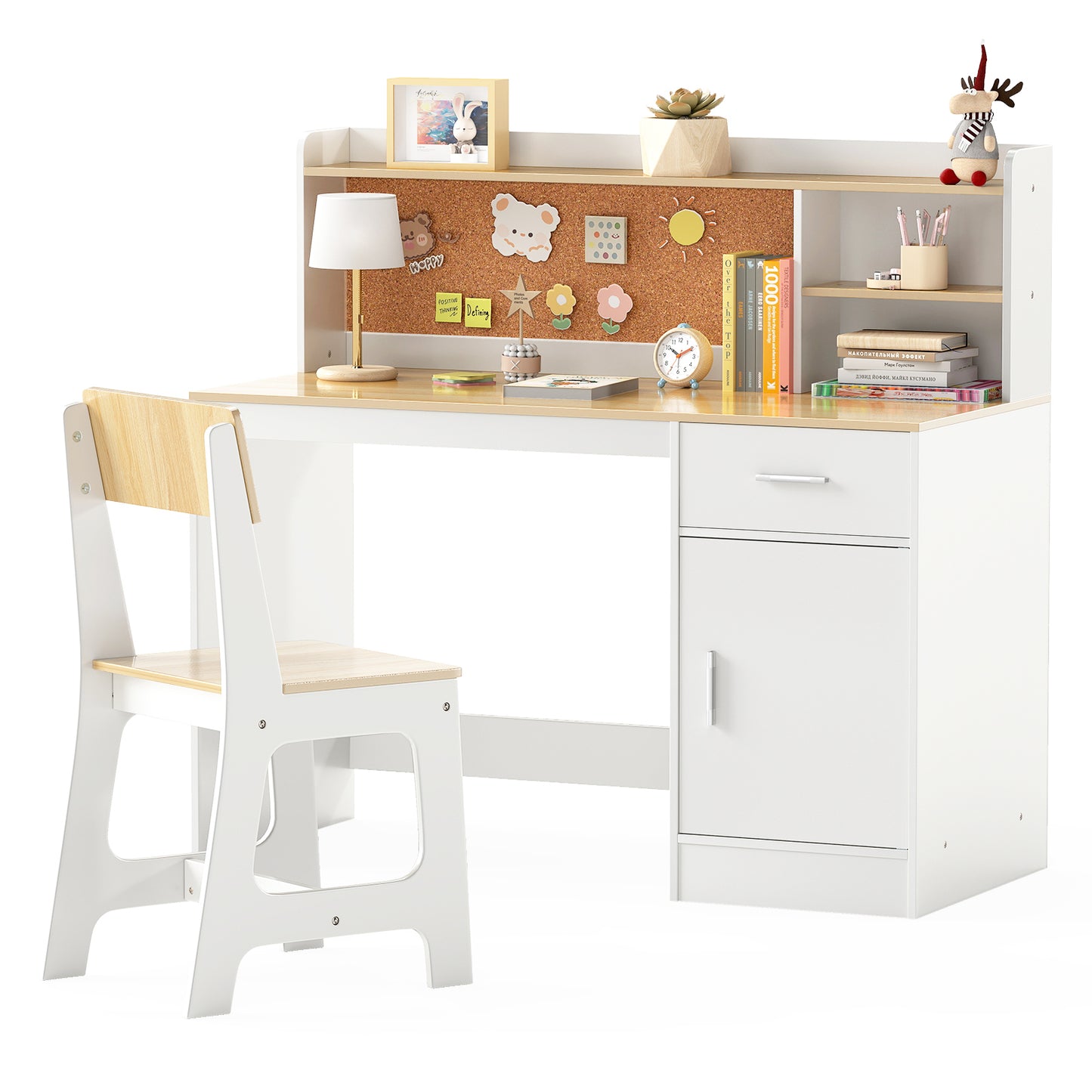 Kids Study Desk and Chair Set with Storage and Bulletin Board