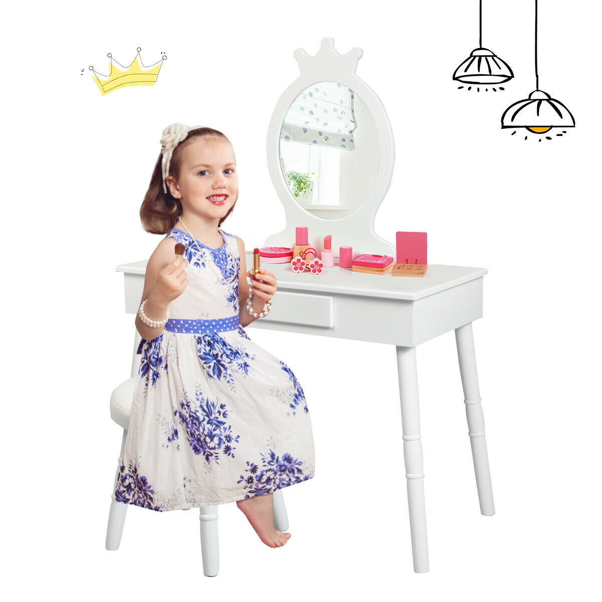 Kids Vanity Table and Chair Set with Mirror and Drawer