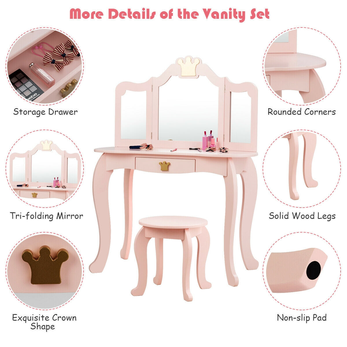 Kids Makeup Vanity Table with Tri-Fold Mirror and Stool