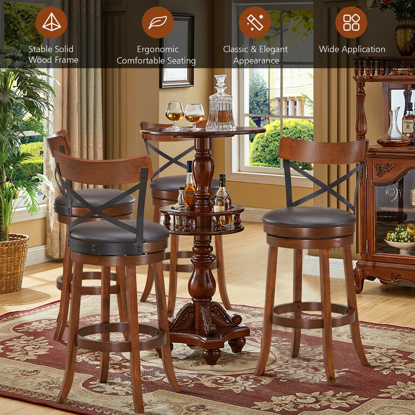Swivel Bar Stools Set of 2 with Rubber Wood Legs - 360° Rotation