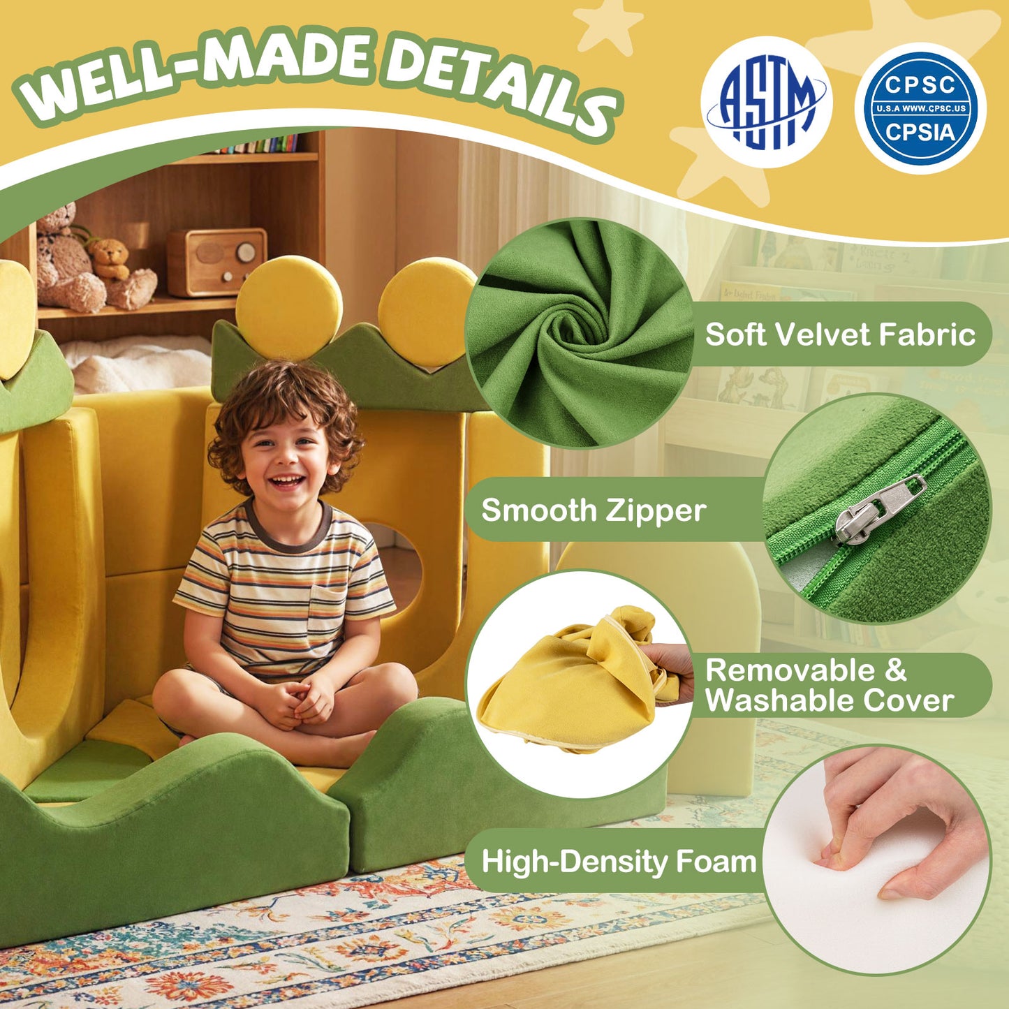 19-Piece Modular Kids Play Couch with Washable Velvet Cover