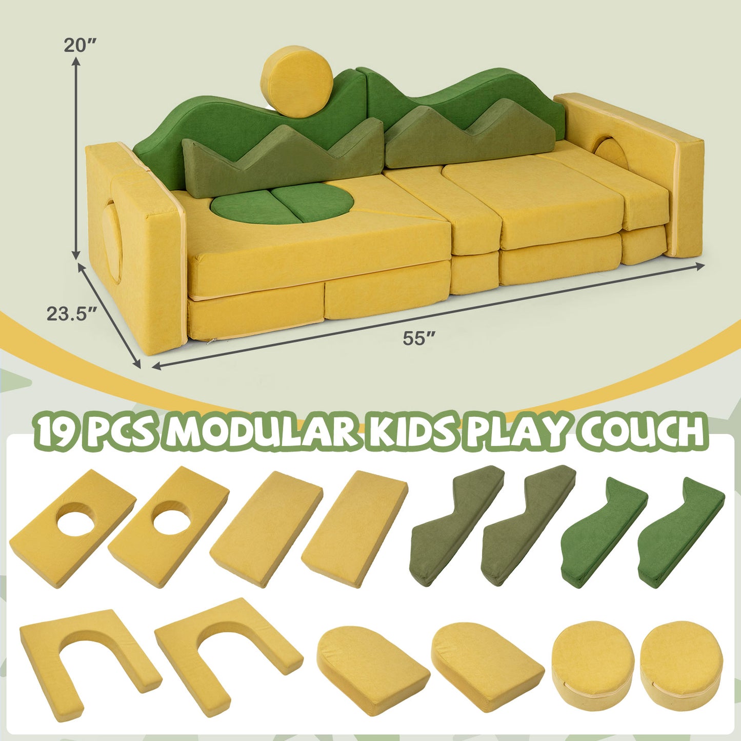 19-Piece Modular Kids Play Couch with Washable Velvet Cover