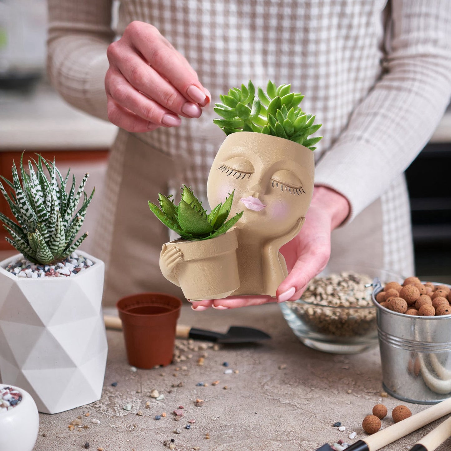 Girl Face Planter Pot with Dual Opening & Drainage Hole