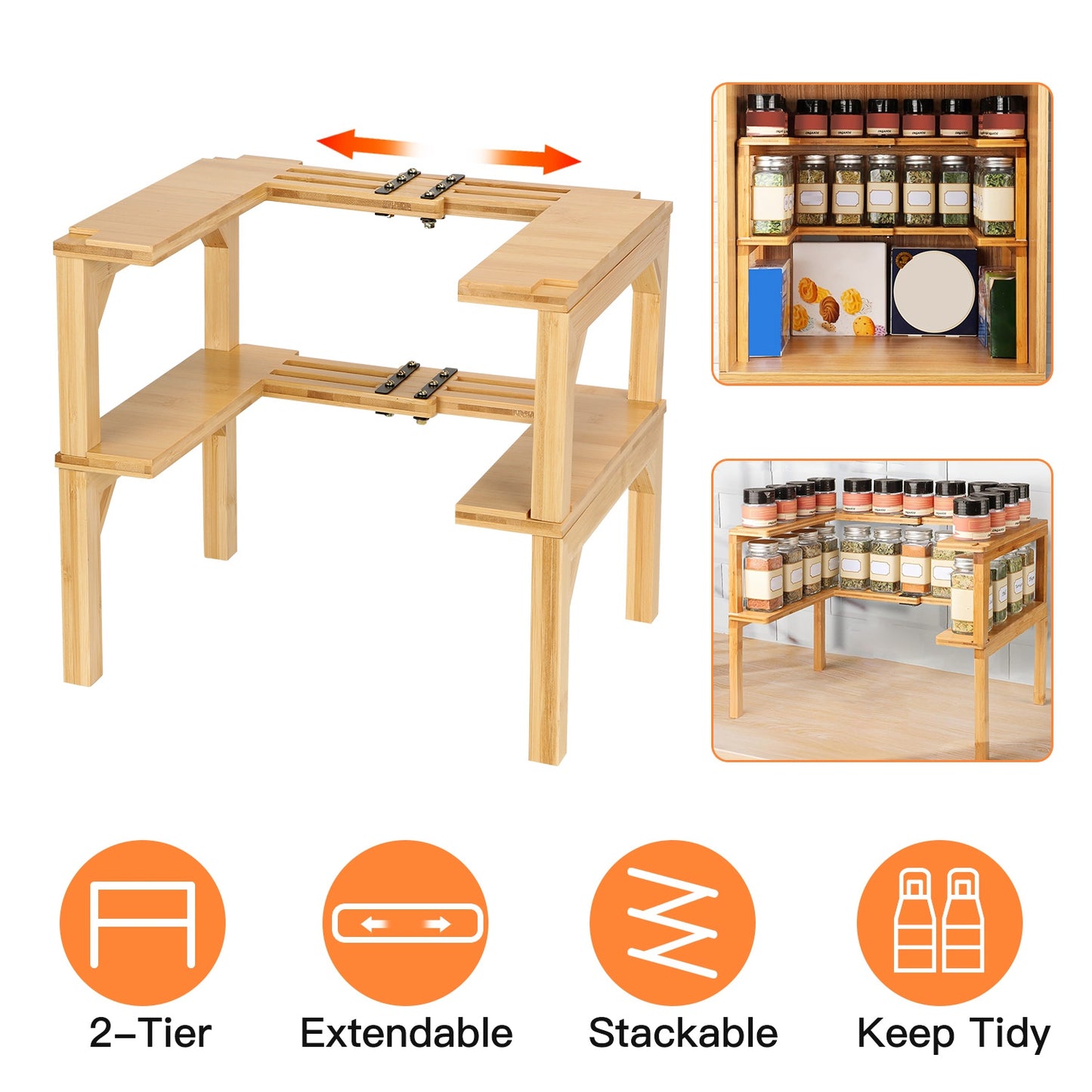 2-Tier Expandable Bamboo Spice Rack Organizer for Cabinet