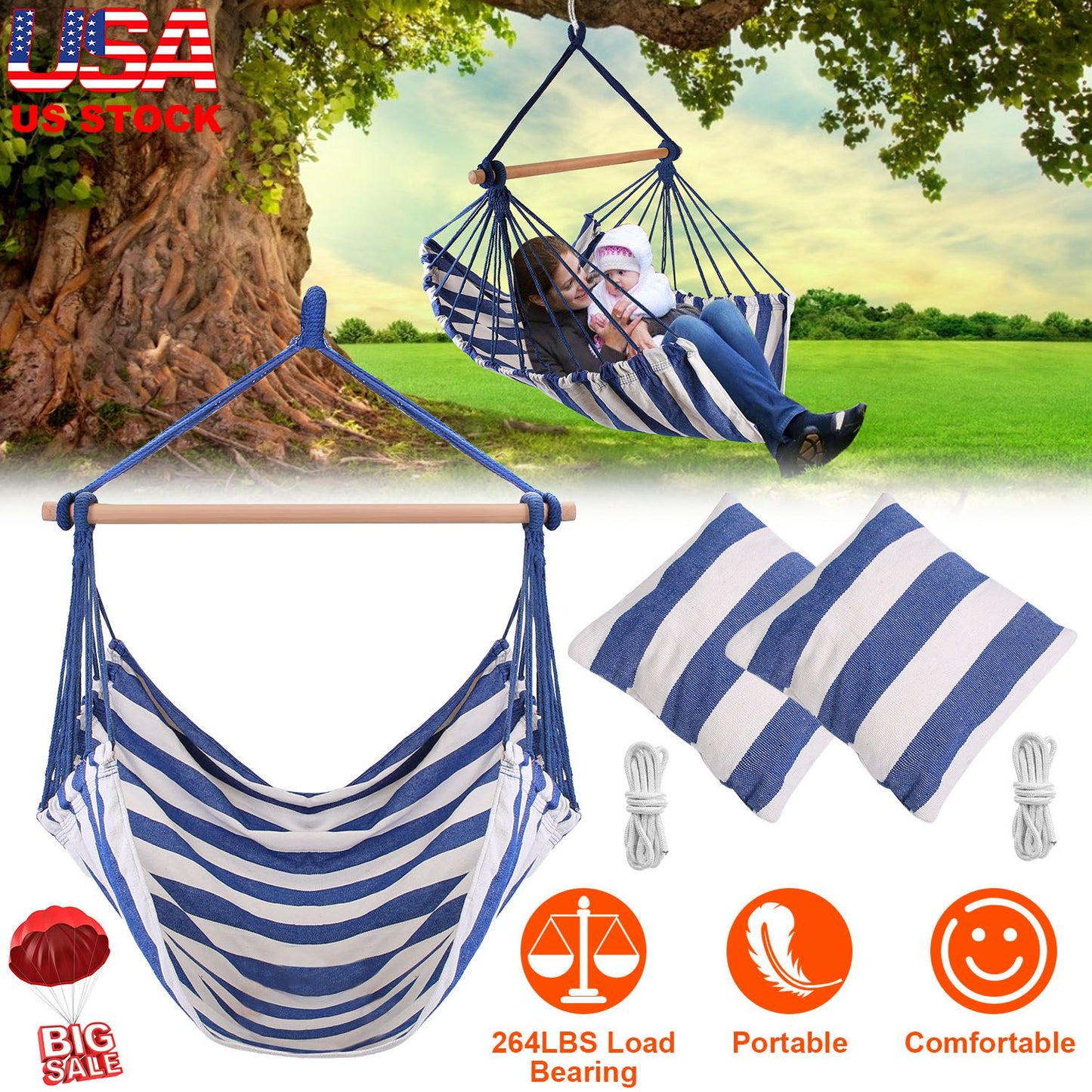 Hanging Hammock Chair with Pillows – 265 lbs Capacity