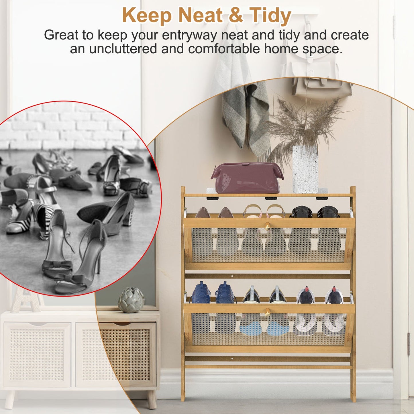 2-Tier Bamboo Shoe Cabinet with Flip Drawers for Entryway