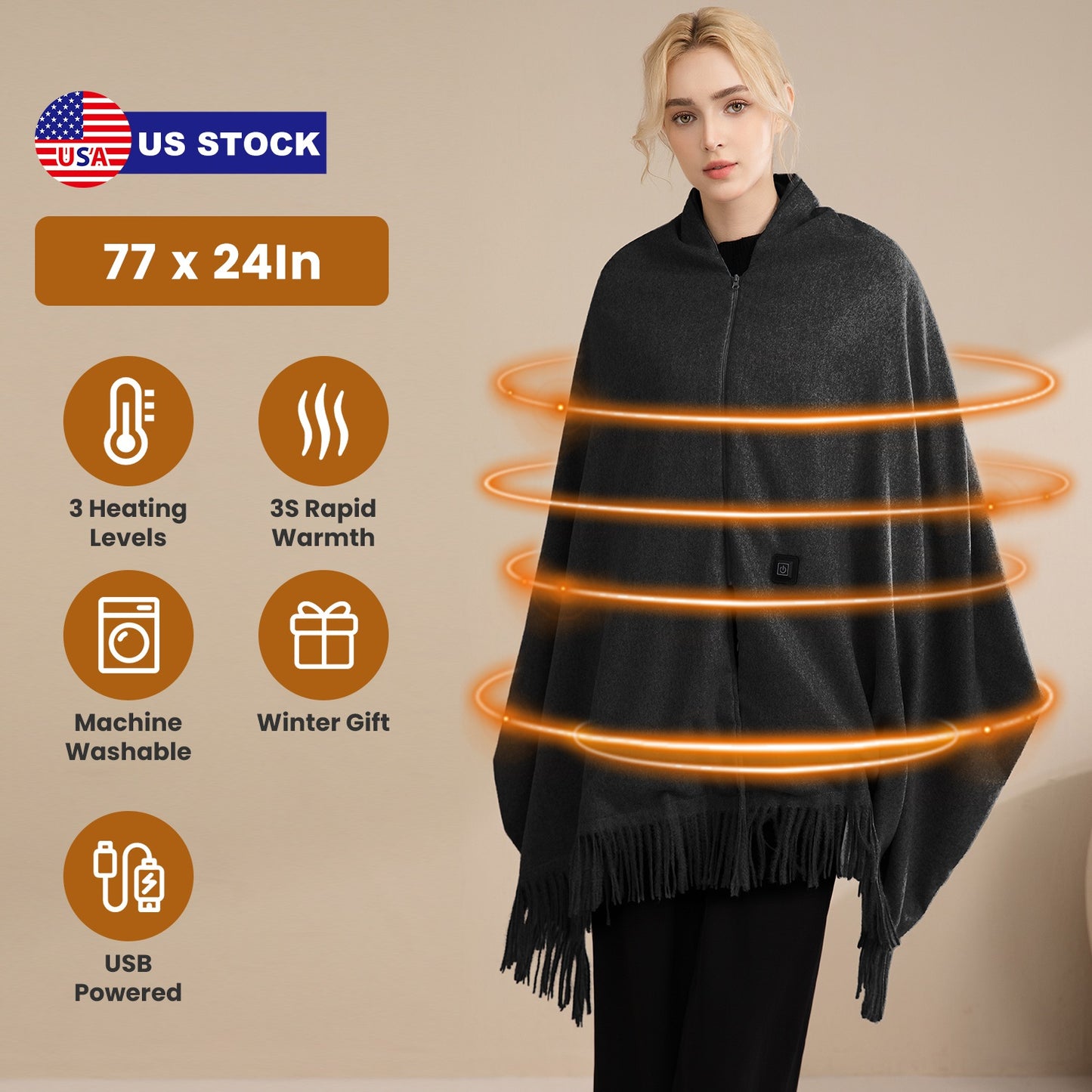 USB Heated Shawl with 3 Temperature Levels and Zipper