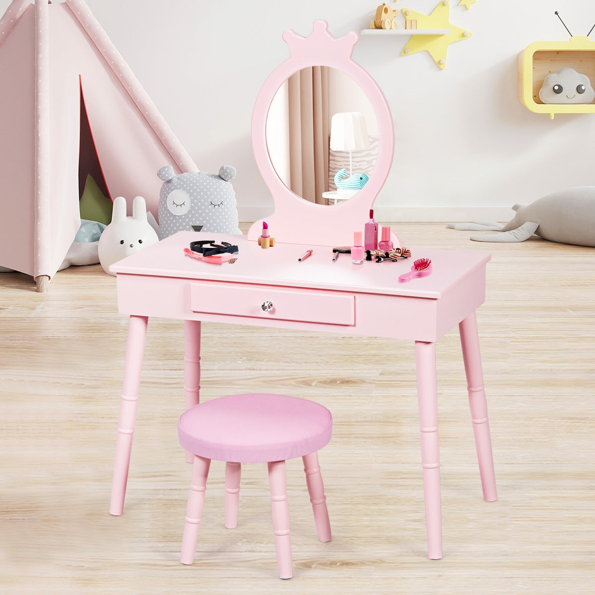 Kids Vanity Table and Chair Set with Mirror and Drawer
