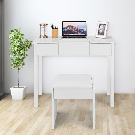 Makeup Vanity Table Set with Flip Top Mirror and Cushioned Stool