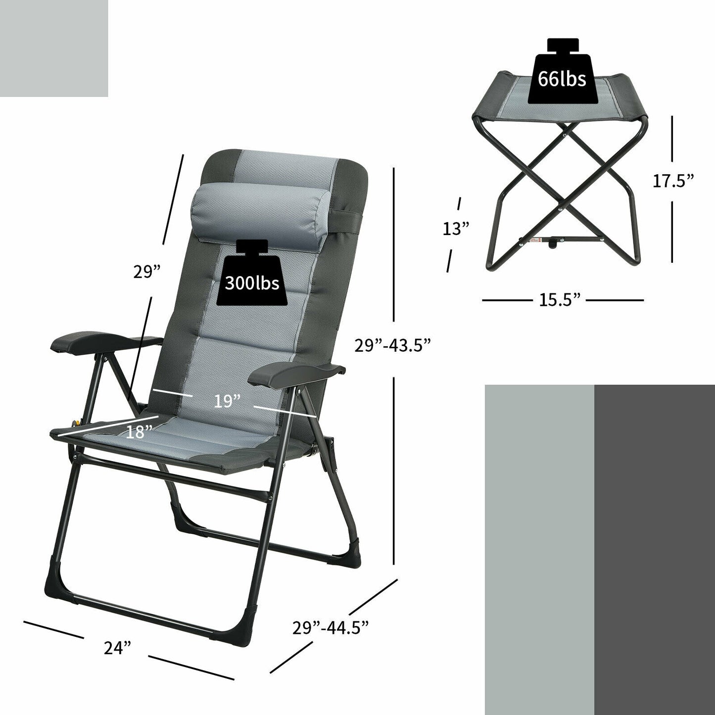 Folding Reclining Chair with Ottoman Set of 2 - Gray