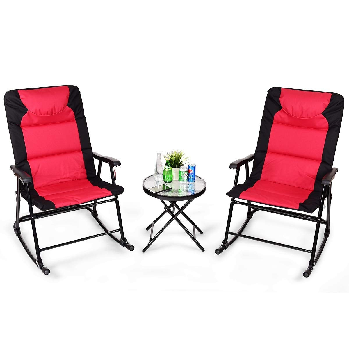 3-Piece Folding Rocking Chair Set with Cushions & Coffee Table