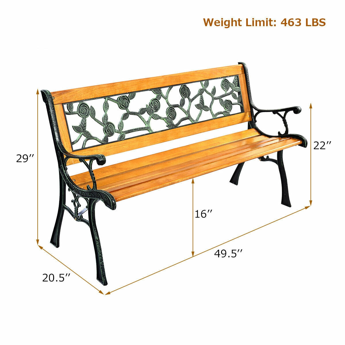 49.5" Cast Iron Garden Bench with Wood Seat - 3 Person