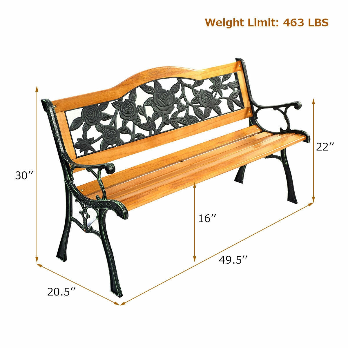 Outdoor Wooden Bench with Cast Iron Armrests - 49.5 Inch