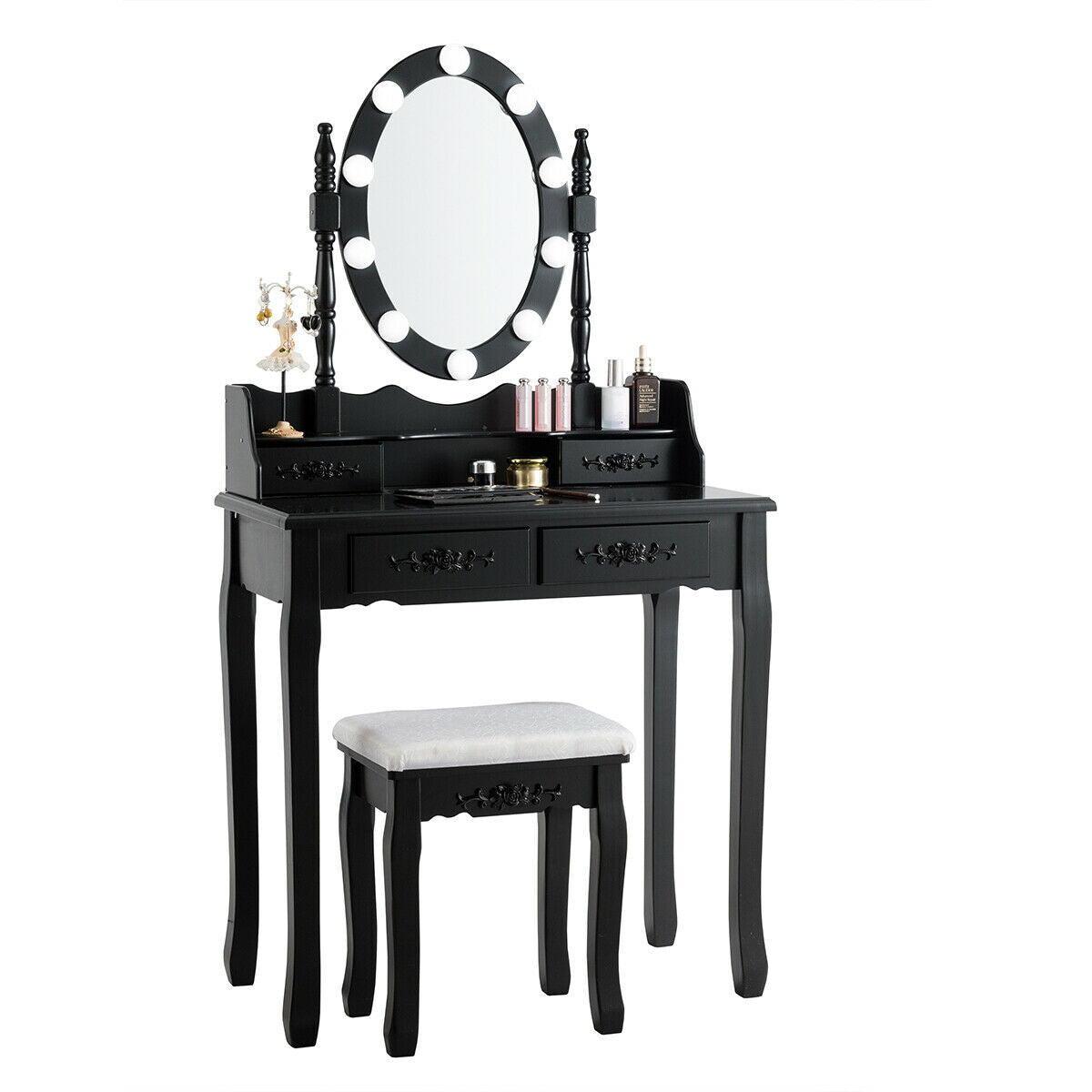 Makeup Vanity Table with Lighted Mirror and Cushioned Stool