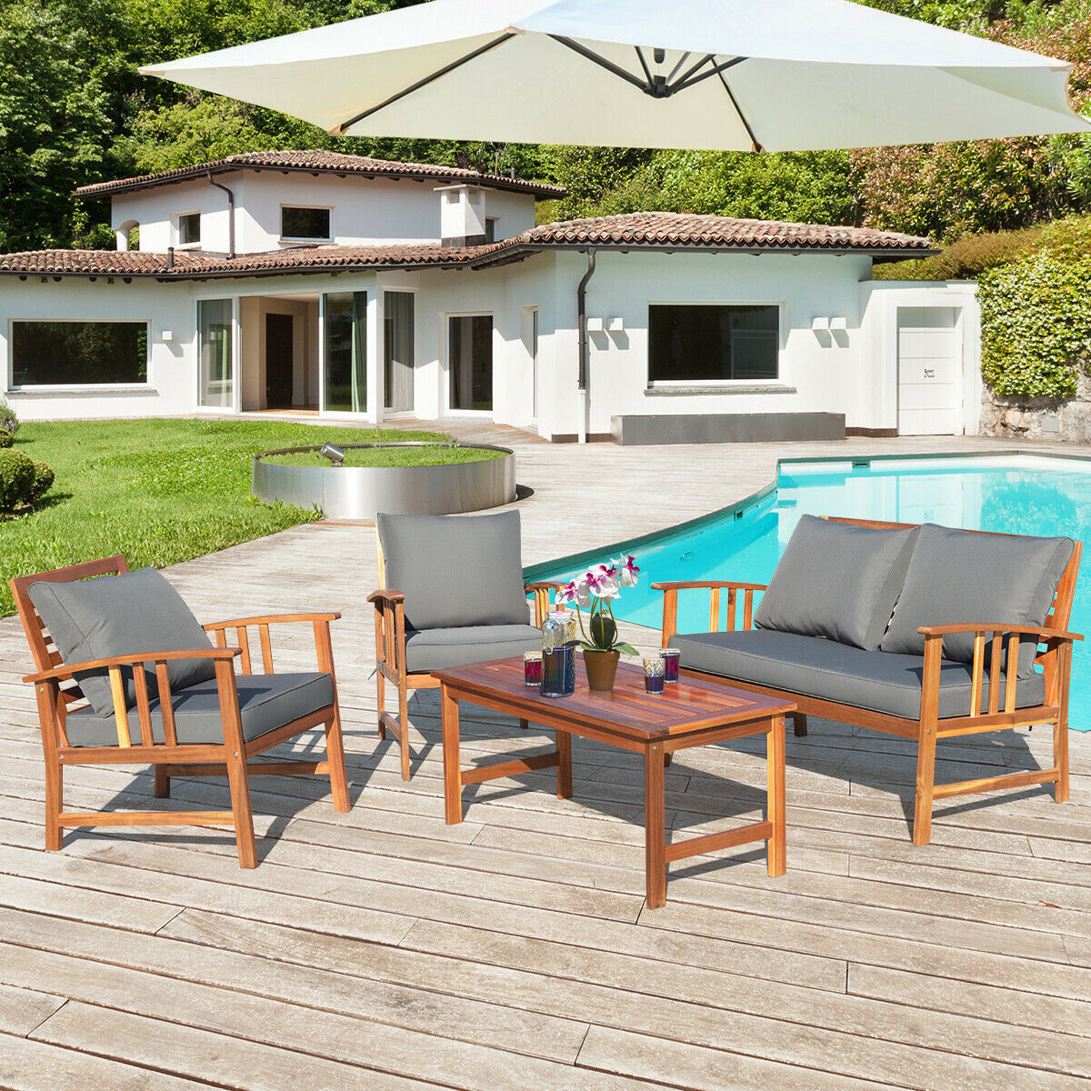 4-Piece Acacia Wood Patio Conversation Set with Cushions