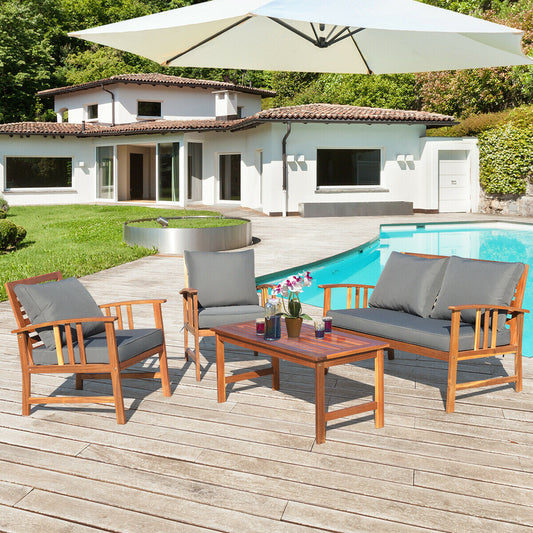 4-Piece Acacia Wood Patio Conversation Set with Cushions