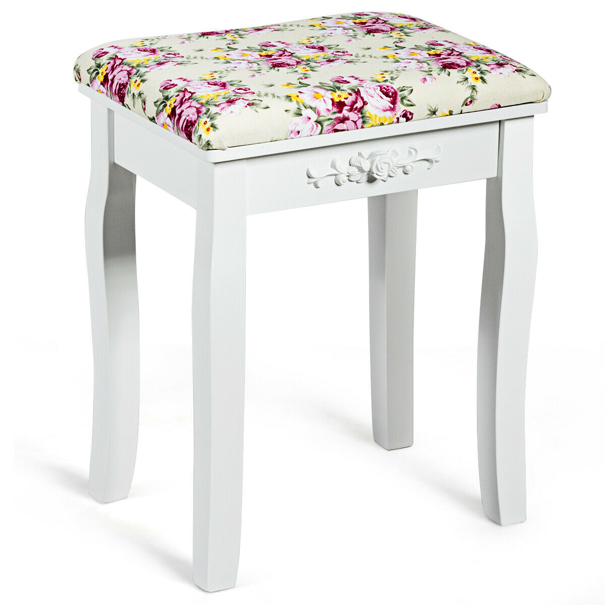 Padded Vanity Stool with Rose Cushion - White