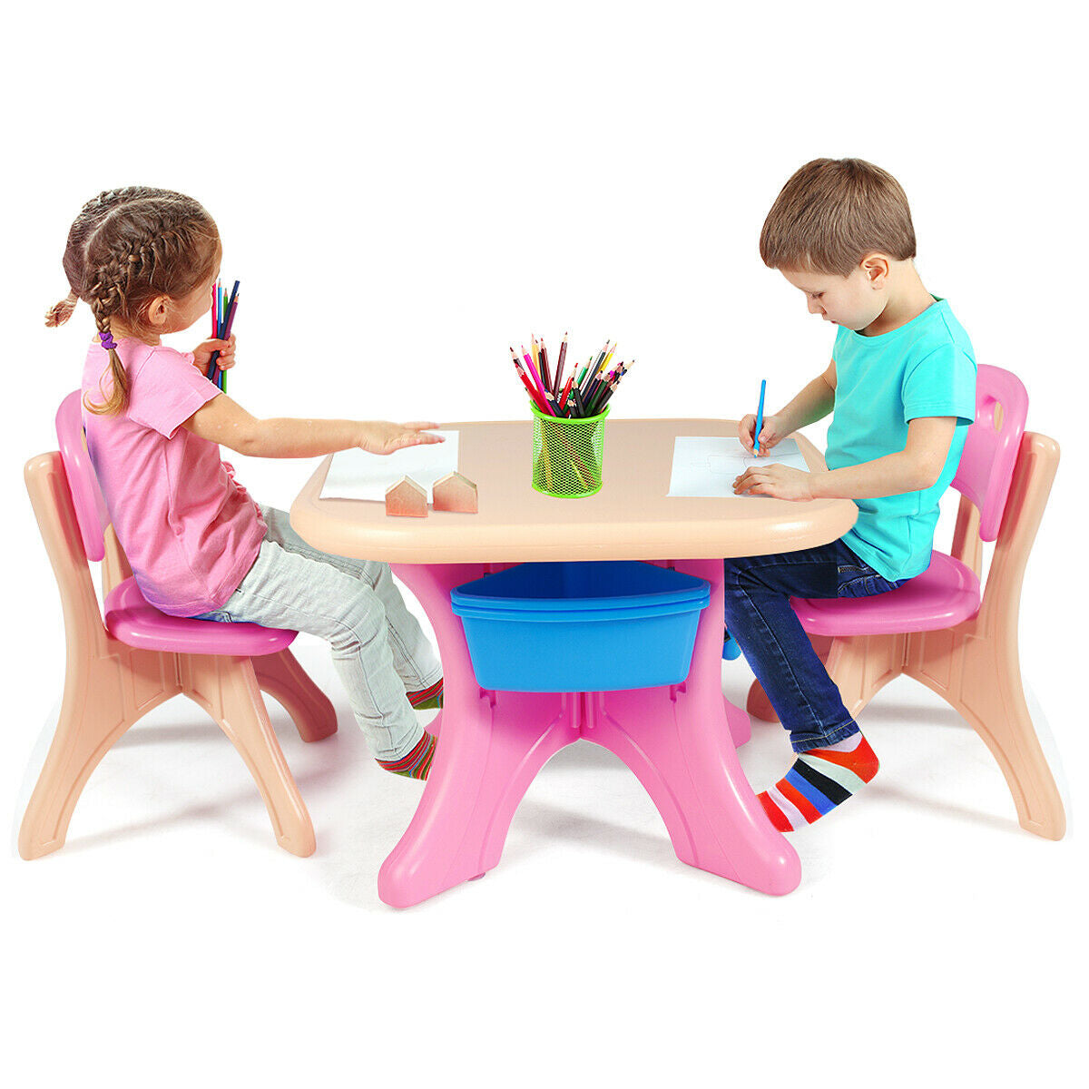 Kids Table and Chair Set with Storage Drawers - 3 Piece