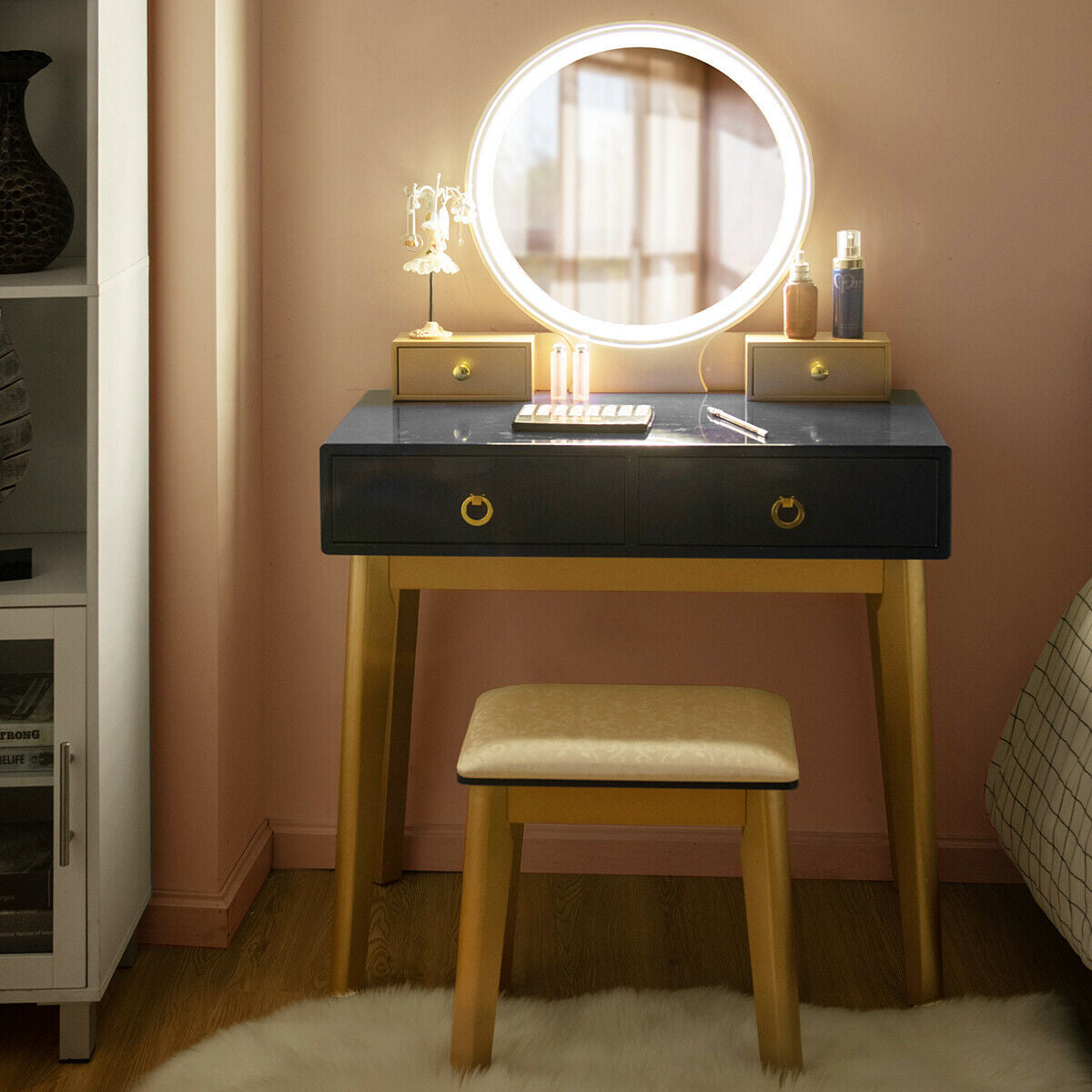 Makeup Vanity Table with LED Lighted Mirror and Stool Set