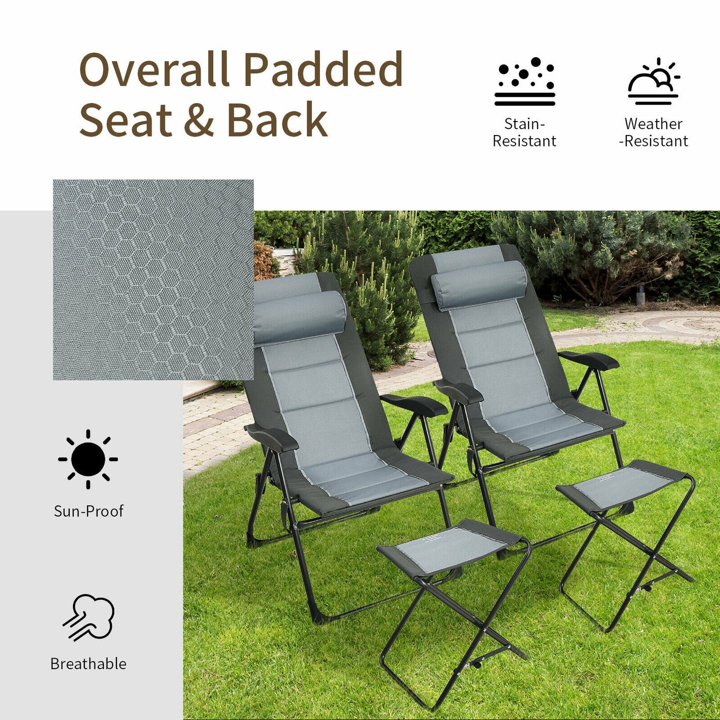 Folding Reclining Chair with Ottoman Set of 2 - Gray