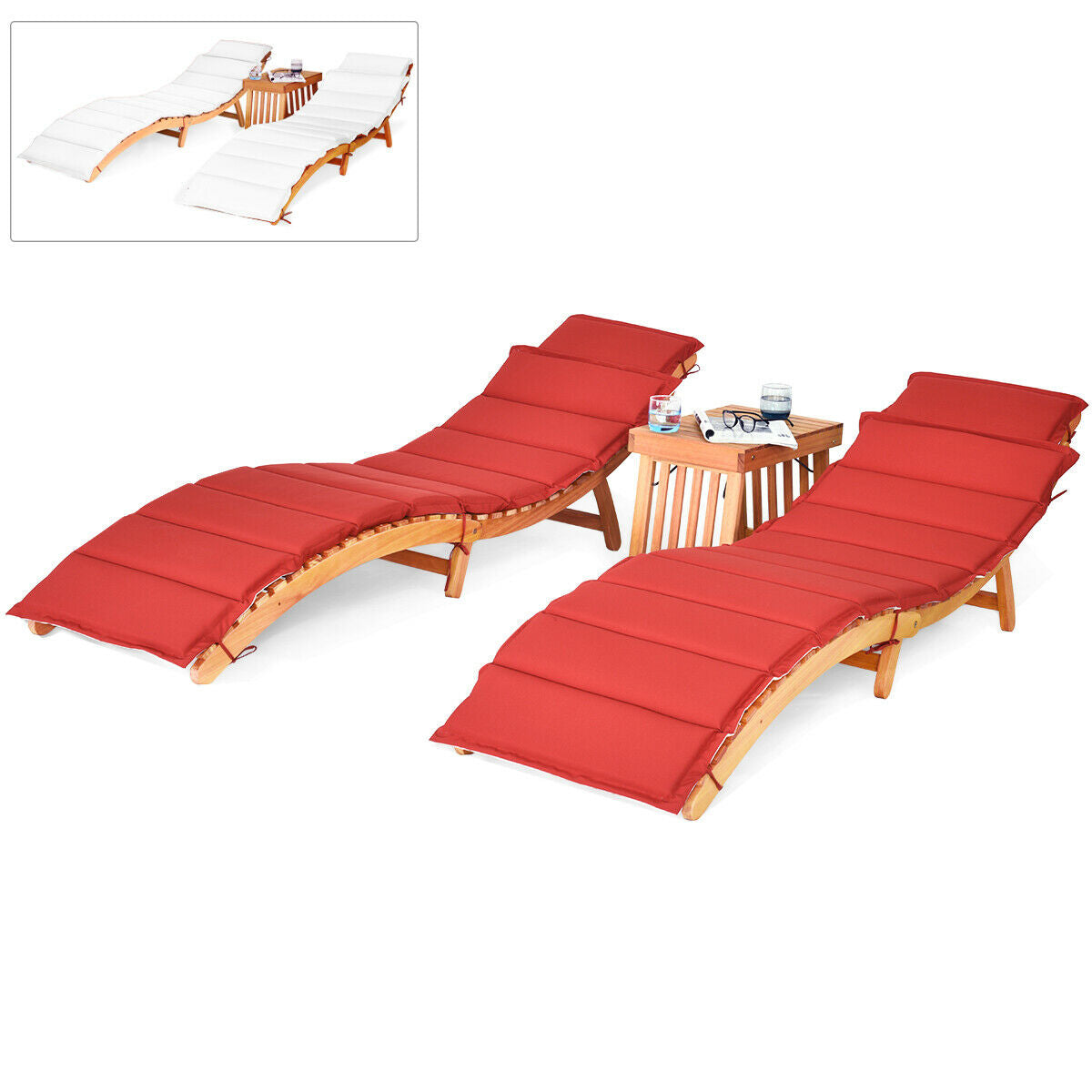3-Piece Folding Eucalyptus Lounge Chair Set with Side Table