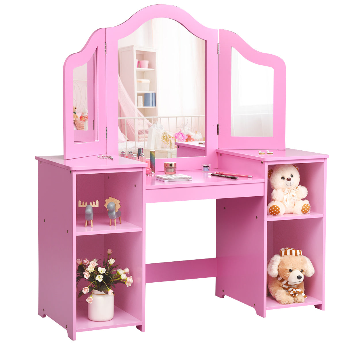 Kids Tri-Folding Mirror Vanity Table Set with Storage