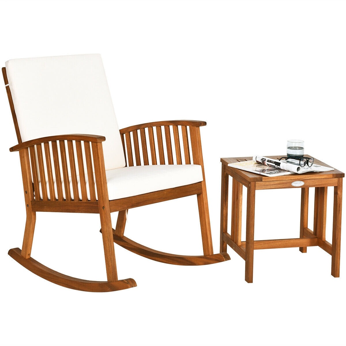 Acacia Wood Patio Rocking Chair Set with Table & Cushions