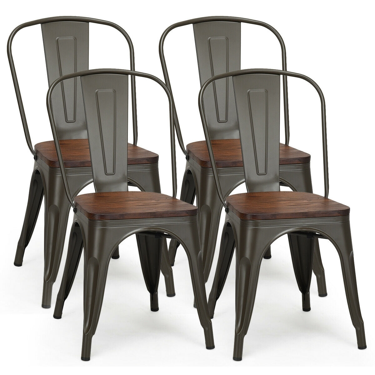 Stackable Metal Dining Chairs with Wood Seat, Set of 4