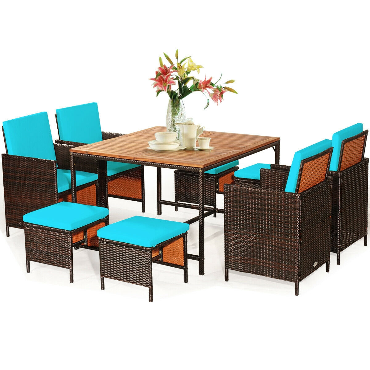 9-Piece Patio Rattan Dining Set with Cushioned Chairs