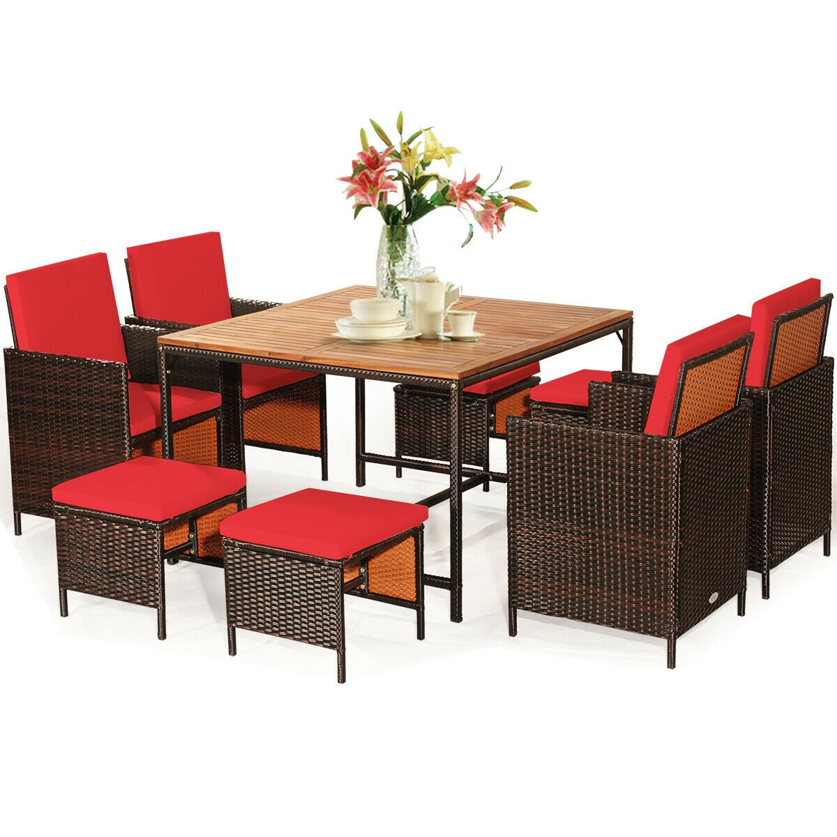 9-Piece Patio Rattan Dining Set with Cushioned Chairs