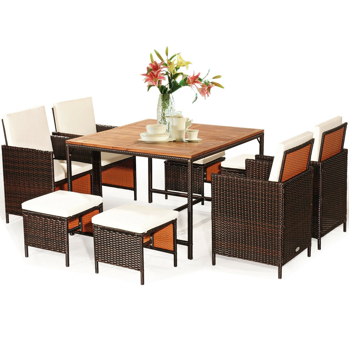 9-Piece Patio Rattan Dining Set with Cushioned Chairs