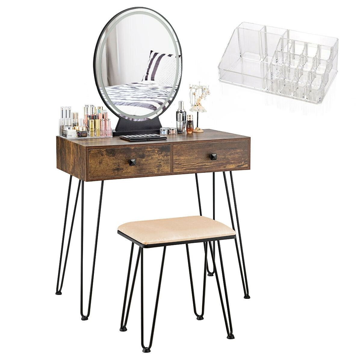 Industrial Makeup Vanity Table with LED Mirror & Stool