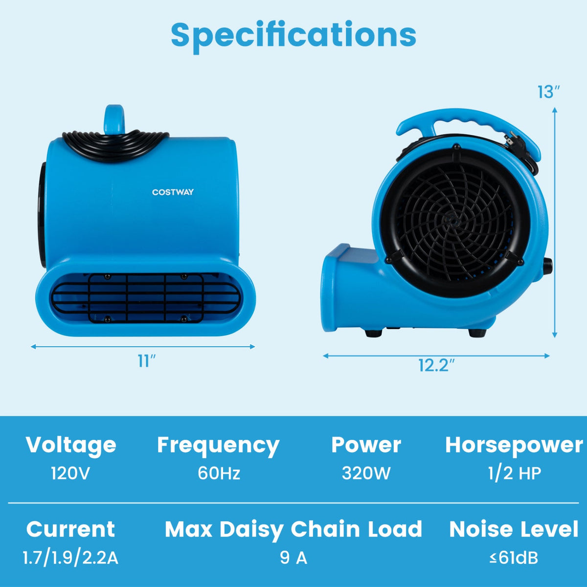 Air Mover Blower Fan 1000 CFM 3-Speed Commercial Grade