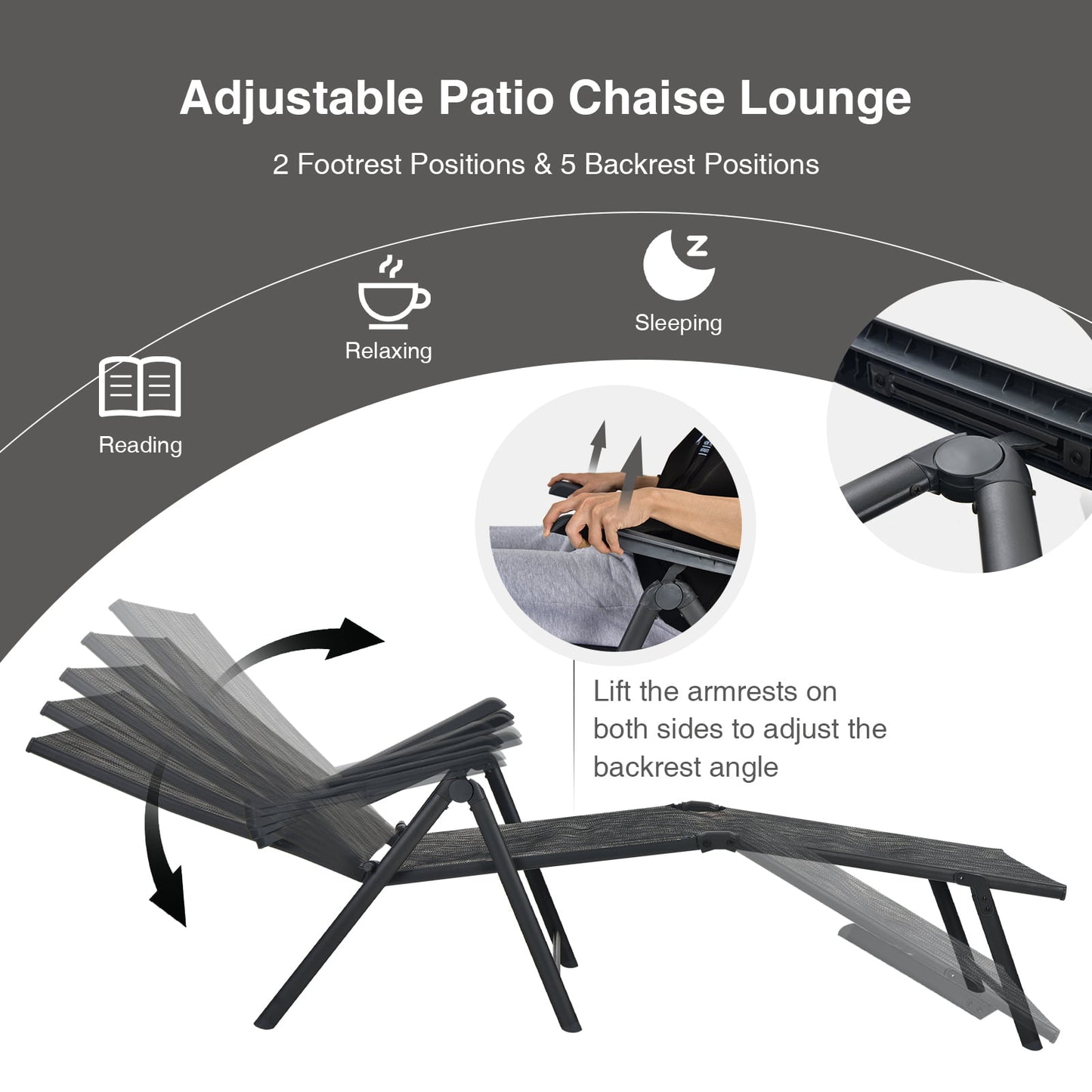 Foldable Chaise Lounge Chair with Adjustable Backrest